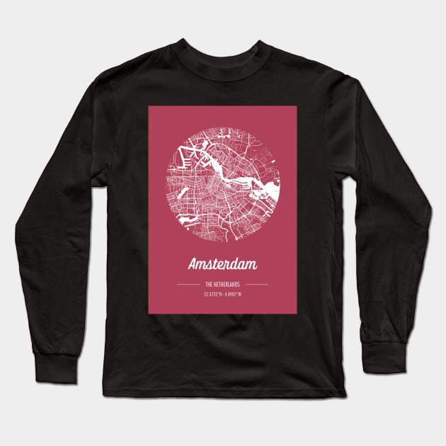 City map in red: Amsterdam, The Netherlands, with retro vintage flair Long Sleeve T-Shirt by AtlasMirabilis